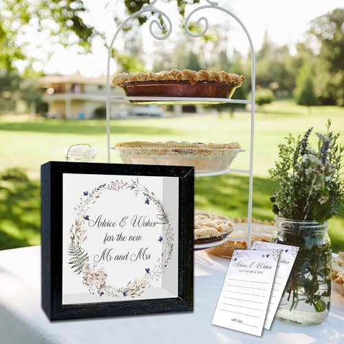 Floral Black Wedding Card Box for Reception with Acrylic Window, 20 Advice and Wishes Card, Remembrance Table Decor for Bridal Shower Engagement Graduation Party Baby Shower, 8 x 8 in