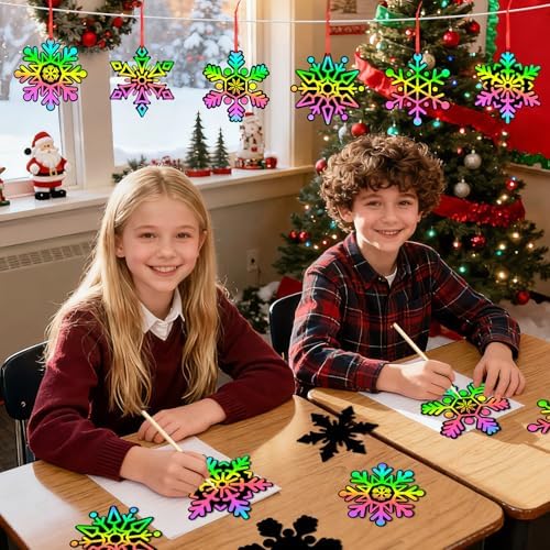 JULMELON 36Pcs Christmas Winter Crafts for Kids, Snowflake Scratch Art Gift