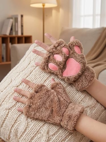 OTPEH Cat Paw Gloves, Furry Bear Paws Fingerless Gloves for Cosplay Costume
