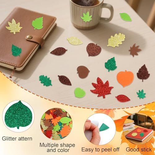 Fall Foam Stickers, 300 PCS Fall Thanksgiving Stickers, Self Adhesive Glitter Maple Leaf Shaped Stickers Foam Sticker Arts Crafts DIY Sticker for Autumn Thanksgiving Harvest Party Decoration Supplies