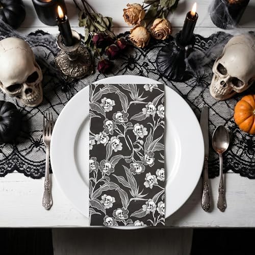WRAPAHOLIC 50Pcs Gothic Halloween Paper Napkins - 3-Ply Black and White Gothic Floral Skull Guest Disposable Hand Towels for Bathroom, Halloween, Wedding, Birthday - 4.3 x 7.9 In