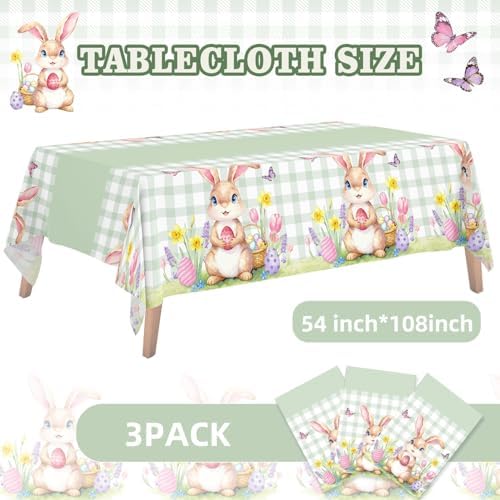 3 Pack Easter Bunny Tablecloth, Disposable Plastic Easter Table Decorations for Spring Party, Easter Decorations for Home, 54x108 Inch
