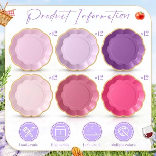 72 Pcs Pink and Purple Paper Plates 9 Inch Disposable