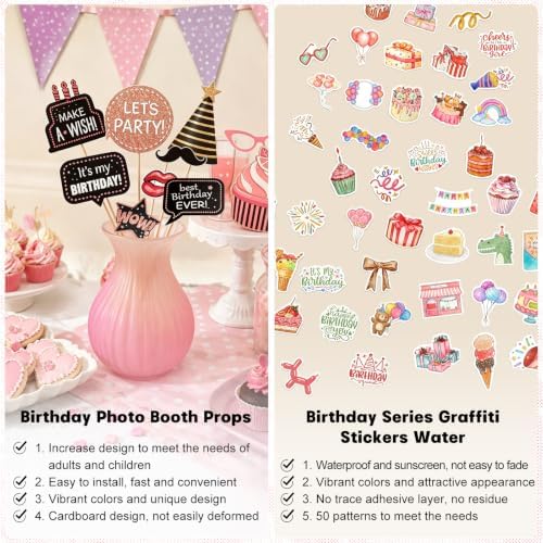 80Pcs Premium Birthday Photo Booth Props with 50Pcs Birthday Stickers