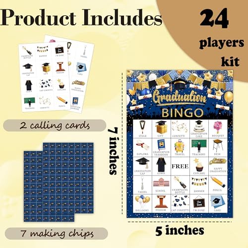 Graduation Bingo Game Cards for Adults, Graduation Party Game for Friend Family, Ideal for Graduation Themed Party Game, 24 Players Grad Party Supplies Favors, 007