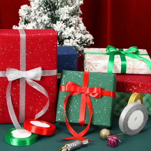 DECYOOL 4 Rolls Christmas Ribbon Metallic Glitter Satin Gift Ribbons