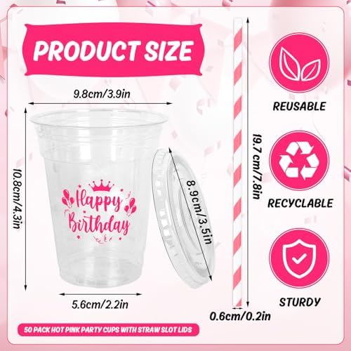 Whaline 50 Pcs 12 Oz Happy Birthday Disposable Plastic Cups with Lids and Straws Hot Pink Cold Beverage Drinking Cups for Home Kitchen Birthday Party Supplies