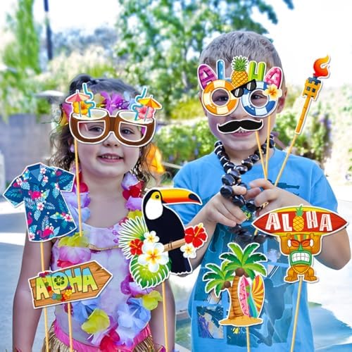 Luau Party Decorations, Tumwisk 30PCS Hawaiian Photo Booth Props Kit, Tropical Aloha Themed Paper Selfie Prop for Birthday Beach Pool Party