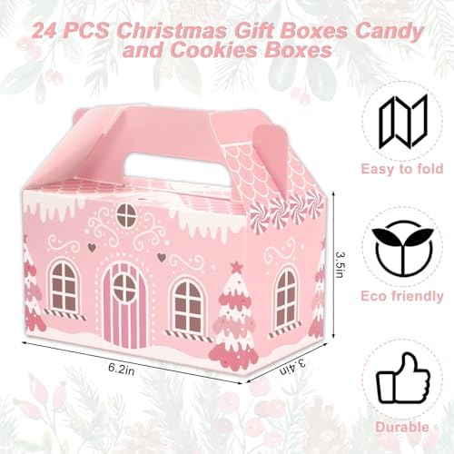 Whaline 24Pcs Christmas Treat Boxes with Handles Pink Gingerbread House Goodie Candy Bags Xmas Gable Paper Gift Containers for Cookie Snack Present Party Favor Supplies, 4 Designs