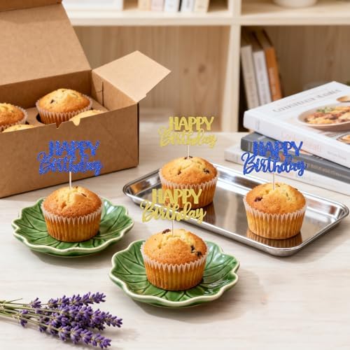 30 PCS Happy Birthday Cupcake Toppers Glitter Happy Birthday Cupcake Picks for Celebrating Anniversary Theme Christmas Party Cake Decorations Supplies Gold Blue