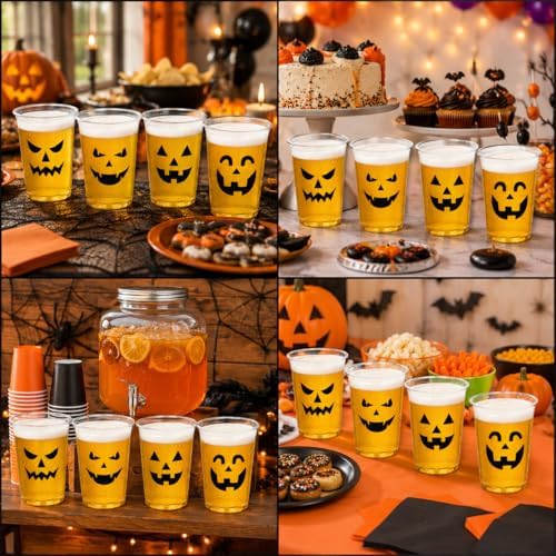 Halloween Plastic Cups,100 Pcs 12 oz Disposable Pumpkin Cups, 4 Designs