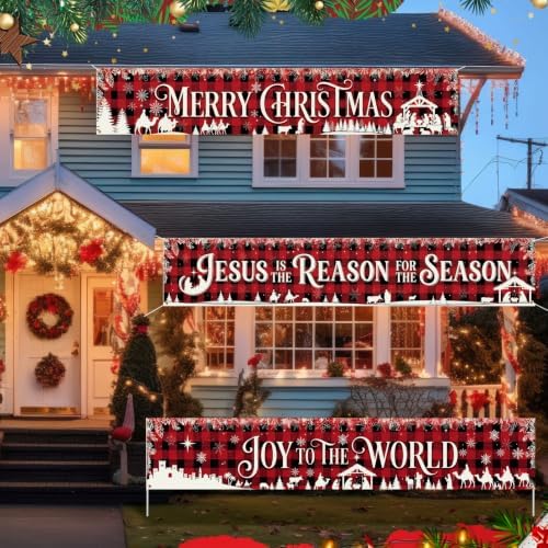 Remagr 3 Pcs Christmas Nativity Banner 98 x 18 Inch Party Decorations Outdoor Yard Sign Backdrop, Red Buffalo Plaid Jesus Birth Wall Decor for Christian Xmas Celebration Lawn Garden(Jesus)