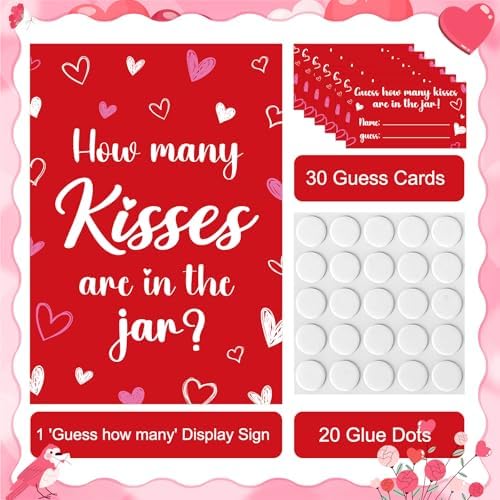 COCHIE 30 Players Valentines Game for Family Office Large Groups Party Adults, Valentine's Day Guess How Many Kisses are in The Jar Games Classroom Activities with Guess Cards (Kiss)