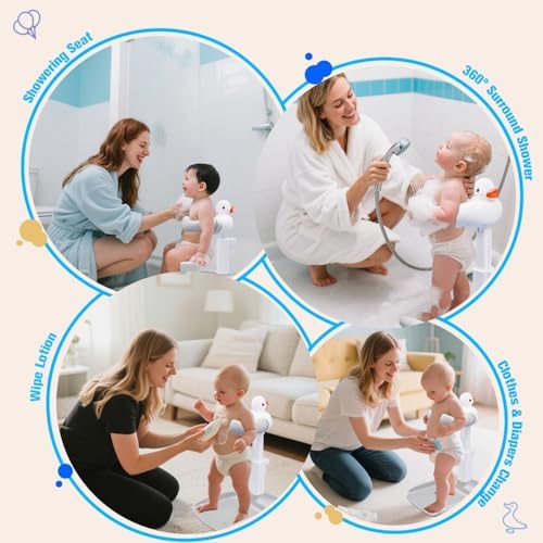 Baby Shower Stand 𝙬𝙞𝙩𝙝 𝙎𝙝𝙤𝙬𝙚𝙧 𝘾𝙖𝙥 & 𝙎𝙩𝙤𝙤𝙡 - Safety & Non-Slip Baby Bath Stand, Toddler Shower Stand for Infants 6-36 Months, Shower Standing Support Max 35 Lbs Capacity