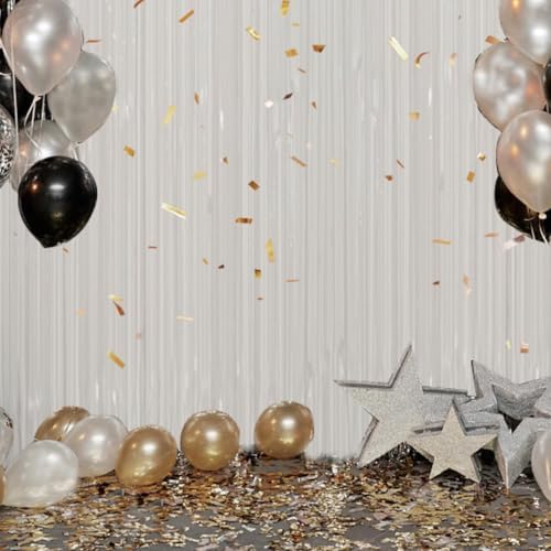 DECOCKRAT 3 Pack Foil Fringe Backdrop - White Shiny Tinsel Curtains for Party Decoration/Photo Booth Props - 3.3x8.2 FT Metallic Foil Backdrop for Birthday, Wedding, Graduation, Christmas.