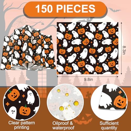 JarThenaAMCS 150Pcs Halloween Wax Paper Pumpkin Boo Ghost Deli Paper Black Sandwich Wrap Paper Tissue Waterproof Oil-Proof Picnic Liners for Party Kitchen Supplies, 9.8 x 8.3 Inch