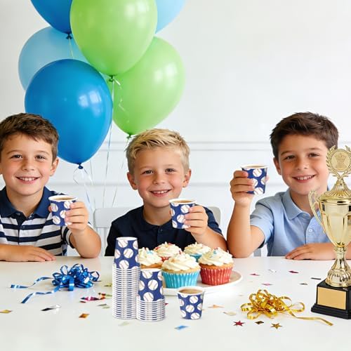 RUSPEPA Baseball Theme 3oz Paper Cups, 100 Pack Small Disposable Party Cups, Blue Baseball Print Mini Cups for Boys Birthday, Sports Party, Team Events, Home, Bathroom, Mouthwash Rinse