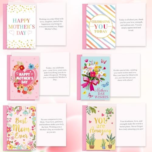 YQUQWN Mothers Day Cards Decorably Gold Foiled and Textured Happy Mothers Day Card Set with Floral Designs Gift Cards for Mom Wishes Printed Message Inside