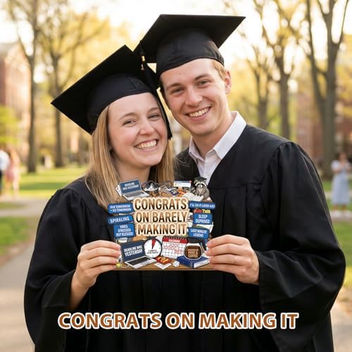 D4DREAM Funny College Graduation Gifts - MeMe Congrats on Barely Making It, Raccoon, Powered by Panic & Coffee, Pop Up Graduation Card for High School College Graduates, 5-Layer Grad Decor