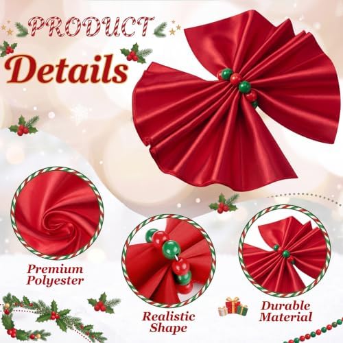 Qinyoung 8 Sets Christmas Cloth Napkins and Napkins Rings Holders Red Green