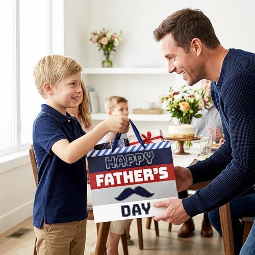 Xustanina 13" Large Fathers Day Gift Bag Blue & Red Handheld Gift Bag with Greeting Card Tissue Paper and Stickers Best Dad Birthday Party Supplies