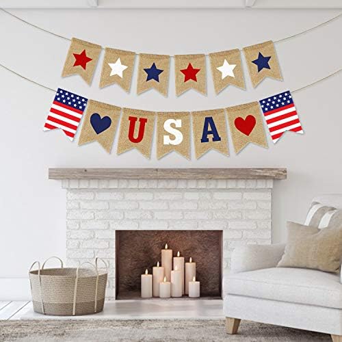 USA Banner Burlap 4th of July Decorations Rustic Patriotic Banner Red White Blue Stars Bunting Garland for President Day 4th of July Party Supplies 4th of July Patriotic Outdoor Indoor hanging Decor