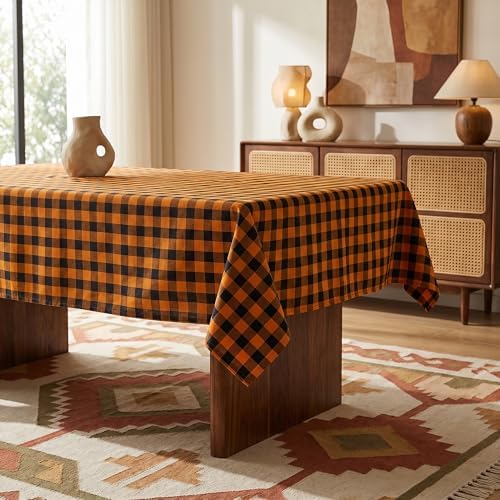 Waterproof Gingham Tablecloth, Checkered Fabric Table Cover for Kitchen Dining, Black & Orange Plaid Table Cloth, Rectangle Table Cloth for Indoor Outdoor Use, W60 x L120 in
