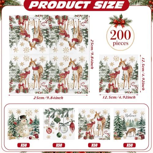 Fulmoon 200 Pcs Christmas Cocktail Paper Napkins Disposable Vivid 4 Style