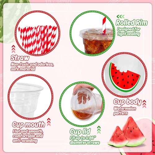 Whaline 50Pcs Watermelon Disposable Plastic Cups with Lids and Straws 12 Oz Red Watermelon Cold Beverage Drinking Cups for Summer Fruit Birthday Party Supplies