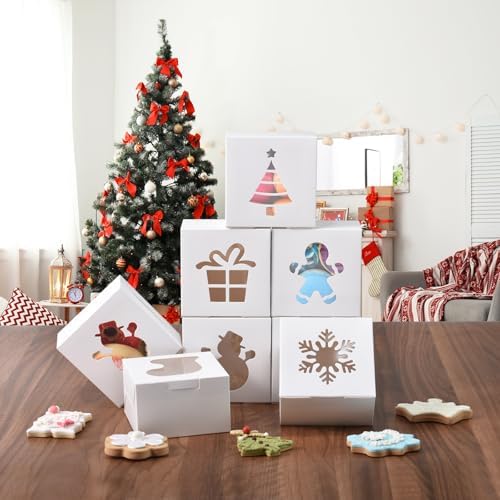 KPOSIYA 36 Pack Christmas Cookie Boxes for Gift Giving, 4x4x2.5 Inch White Bakery Boxes with Window, Large Holiday Cookie Tins with Lids, Small Xmas Treat Boxes for Pastry Dessert Cupcakes Packaging