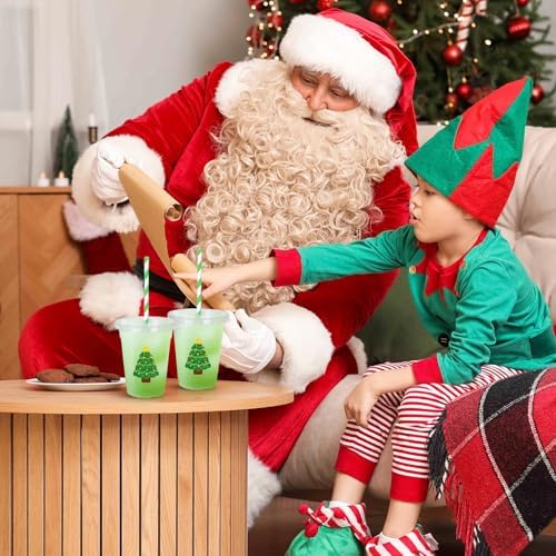 Whaline 50Pcs 12Oz Christmas Disposable Plastic Cups with Lids and Straws Colorful Light Bulb Xmas Tree Cold Beverage Drinking Cups for Holiday Birthday Party Supplies