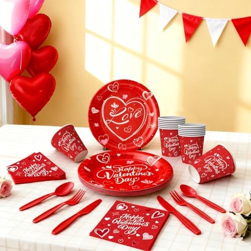 112 PCS Valentines Day Tableware Set Galentine Disposable with Plates, Cups, Napkin, Knives, Forks, Spoons - Valentine’s Day Party Supplies for Wedding,Anniversary, Birthday, Gathering,Serves 16