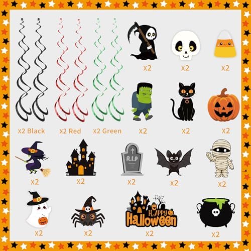 36 PCS Halloween Pre-Strung Hanging Swirl Decor Halloween Ceiling Hanging Swirls Cute Ghost Pumpkin Spider Witch Themed Ceiling Streamer for Office Home Indoor Outdoor Decoration Kids Party Supplies