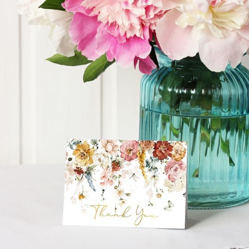 Whaline 50 Pack Boho Floral Thank You Cards Boxed Watercolor Pastel Flowers Greeting Card with Envelope Sticker Blank Note Cards for Wedding Birthday Bridal Shower, 4 x 6 Inch