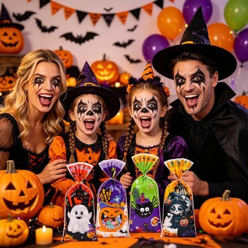 100 Pcs Halloween Cellophane Treat Bags - 5 x 11 Inch Halloween Goodie Bags with Gold Ties for Cookies, Snacks, Party Favors & Gift Packaging, 2.8 Mil Thick Plastic Spooky Season Candy Bag for Kids
