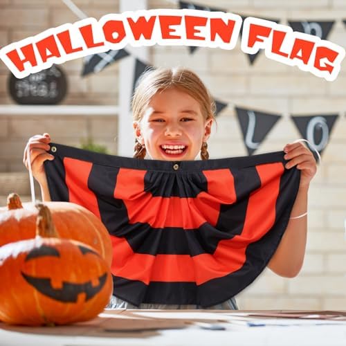 Newwiee 1 Pc 4 x 2 ft ft Halloween Flag Bunting Half Fan Hanging Pleated Flag Banner with 3 Grommets for Halloween Indoor Outdoor House Party Holiday Yard Decorations Props, Black Orange