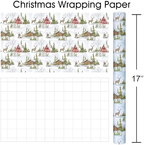 MAYPLUSS Christmas Wrapping Paper Roll - 17 In x 33 Feet - Cute Watercolor Christmas Tree Reindeer Log Cabin Gift Wrap Paper for New Year, Holiday, Kids