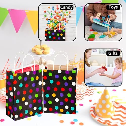 BLEWINDZ 32Pcs Small Gift Bags with Tissue - Polka Dot Black Party Gift Bags with Handles, Colorful Rainbow Paper Goodie Bag for Party Favors, Kids Birthday