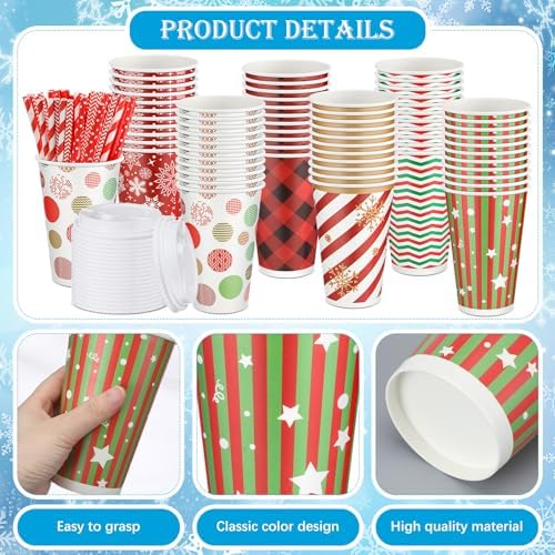 Bokon 172 Pcs/ 24 Sets of Christmas Movie Night Snack Trays 3 Sizes Snack Boxes, 16 oz Disposable Drinks Cups, 50 Straws, Complimentary Sealing Stickers for Cinema Party Decoration Family Gatherings
