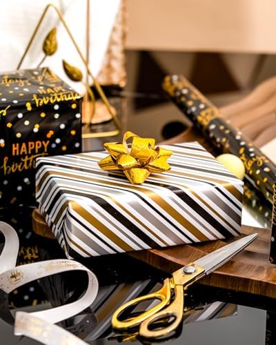 MAYPLUSS Birthday Wrapping Paper Roll, Black Metallic Holographic Happy Birthday Wrapping Paper Featuring Revesible Stripe Gift Wrap Paper for Boys Kids Girls Men, 17 Inches x 33 Feet
