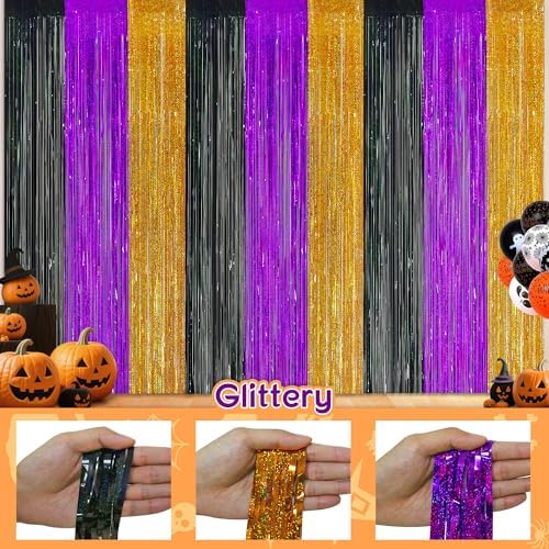 Halloween Party Decorations, 3 Pack Glittery Halloween Foil Fringe Curtains 3.3 X 6.6 ft, Orange Purple Black Tinsel Party Backdrop Photo Booth Props Streamers Birthday Party Supplies