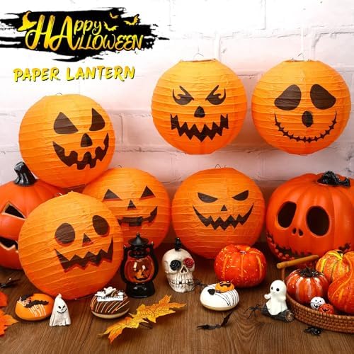 DECYOOL 12PCS Halloween Pumpkin Paper Lanterns, Hanging Jack O Lantern Set