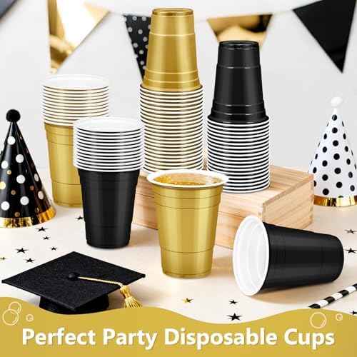 LANLISA 100Pcs Black and Gold Plastic Cups, 16 oz Disposable Cups For Birthday Party, Graduation Decorations, New Years Eve