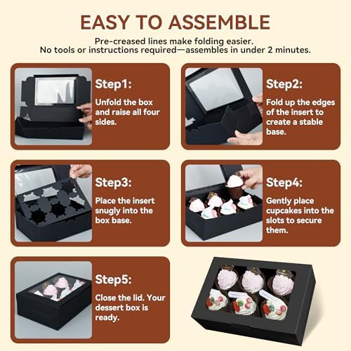 30-Set Cupcake Boxes Bulk with Clear Display Window Hold 6 Standard Cupcakes, Disposable Food Grade Black Cupcake Carrier Cupcake Container, Perfect for Cupcakes Muffins Cookies Pastries
