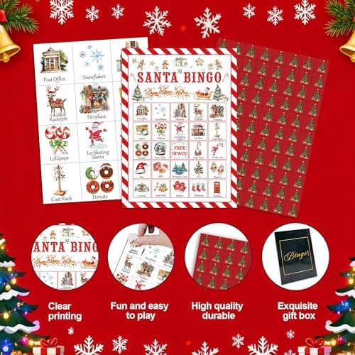 Christmas Party Bingo Game Cards, Santa Bingo Set for Adults Large Group, Winter Holiday Fun Party Games, Xmas Activities Icebreaker Games, for Family Friends, 03