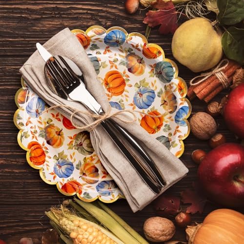 Confettiville Thanksgiving Paper Plates, 50-Count Fall-Themed Decorative Disposable Serving Plates, Pale Apricot, Gold Foil Scalloped Edge, 9 Inches