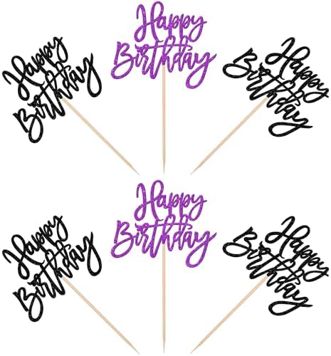 24 PCS Happy Birthday Cupcake Toppers Glitter Happy Birthday Cupcake Picks for Celebrating Anniversary Theme Party Cake Decorations Supplies Black Purple