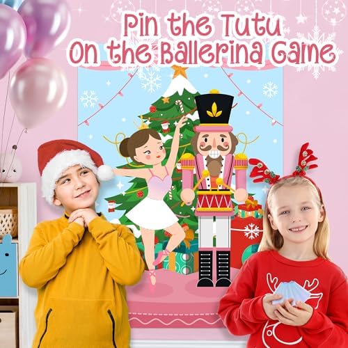 Pin The Tutu On The Ballerina Game Christmas Nutcracker Soldier Ballet Dancer Poster with 24 Stickers Xmas Winter Holiday New Year Birthday Carnival Activity Party Decorations Supplies for Kids Girls