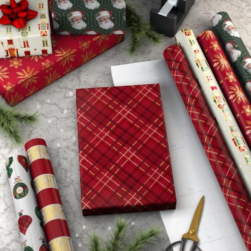 Hallmark Christmas Wrapping Paper Rolls with Cutlines on Reverse (6 Rolls: 150 Sq. Ft. Total) Santa Claus, Nutcrackers, Plaid, Snowflakes, Ornaments
