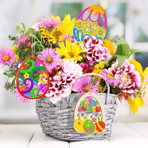 36PCS Wooden Easter Ornaments to Paint, 6 Styles DIY Blank Unfinished Wood Egg Cutouts Ornament for Crafts Hanging Decorations Happy Easter Hallow Egg Rabbit Bunny Butterfly Flower Hen